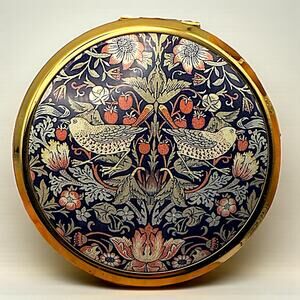 Stratton Powder Compact Mirror Strawberry Thief William Morris Gold Tone Birds